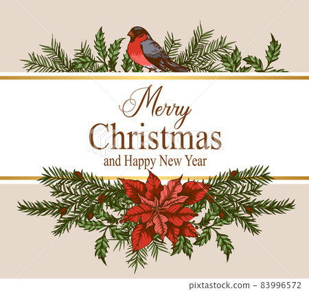 Vintage Christmas greeting card with bullfinch 83996572