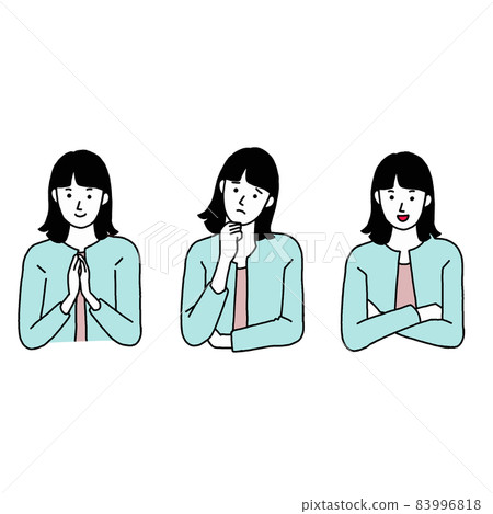 Illustration of a woman who is worried, thinks, solves, and is convinced 83996818