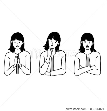 Illustration of a woman who is worried, thinks, solves, and is convinced 83996821