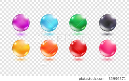 Colorful glass orbs. 3d sphere realistic transparent crystal ball, circle glossy bubble, translucent oil collagen water drop, bead color orange pink red blue 83996871