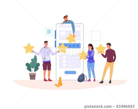 Customers giving five stars. Customer service review, clients feedback, success experience, satisfaction survey, client hand holding star, garish icon vector illustration Customers giving five stars. Customer service review, clients feedback, success experience, satisfaction survey, client hand holding star, garish icon vector illustration 83996883