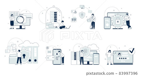 Cyber security concept. Secure working, privacy politics industry. Data protection, no computer hacking. Finance and database saving, recent vector scenes 83997396