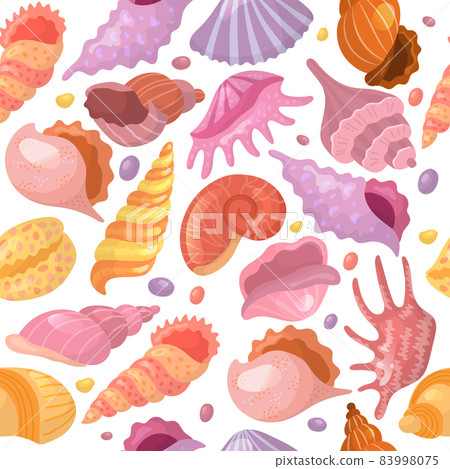 Seashell patterns. Summer beach elements on sand starfish recent vector seamless background for textile design projects 83998075