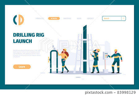 Oil industry landing. Gas industrial pipeline professional engineers check service mechanical workers garish vector business web page template 83998129