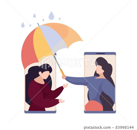 Online support. Friend hold umbrella under sad tired woman. Depression, web psychotherapy consulting vector concept 83998144