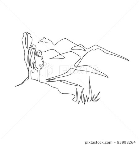 Mountain landscape, drawn in one line. Continuous line. Travels. Minimalistic graphics. 83998264