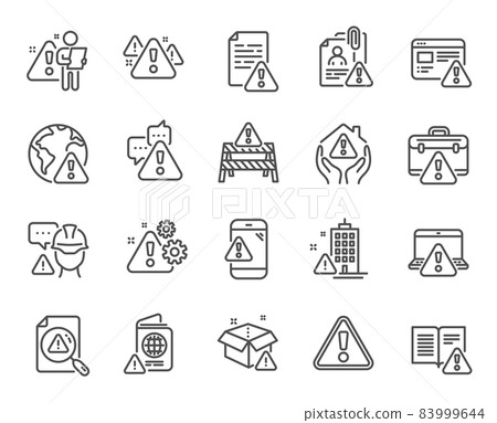 Warnings line icons. Caution sign, Exclamation mark, Risk attention. Danger alert, error caution, urgent information line icons. Safety risk, construction warning, documentation error. Vector 83999644