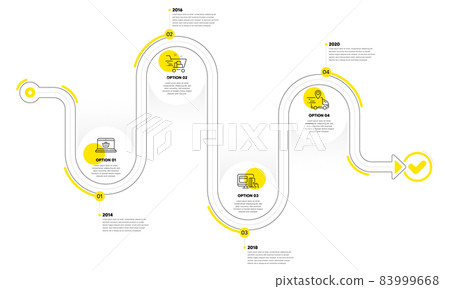 Infographic timeline with icons and 4 steps. Buying process with numbers. Infographics business concept. Online buying plan, presentation timeline, arrow path. Business journey process. Vector Infographic timeline with icons and 4 steps. Buying process with numbers. Infographics business concept. Online buying plan, presentation timeline, arrow path. Business journey process. Vector 83999668