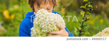 Boy enjoying pink flowers in the garden BANNER, LONG FORMAT Boy enjoying pink flowers in the garden BANNER, LONG FORMAT 84000517