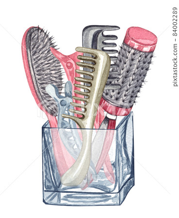 Watercolor Hairdressing illustration. Barber shop set. Hand-drawn Hairdresser tools. Perfect for your logo. 84002289