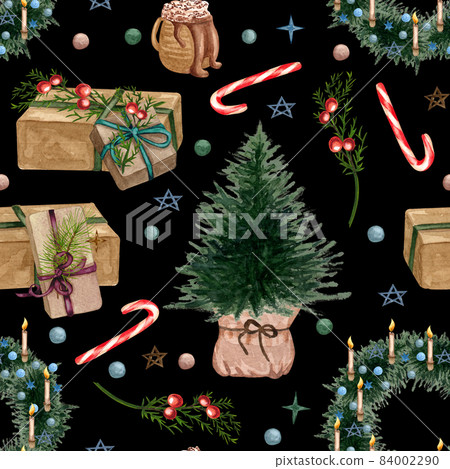 Watercolor christmas seamless pattern with holiday inscriptions and elements Watercolor christmas seamless pattern with holiday inscriptions and elements 84002290