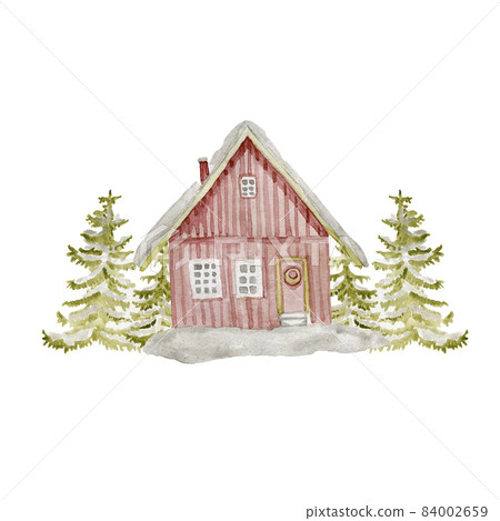 House chalet Christmas trees winter watercolor by hand for postcards 84002659