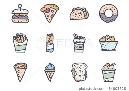 Fast food color vector doodle simple icon set Fast food color vector doodle simple icon set 84003528