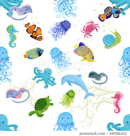 Marine life, fish, animals bright seamless pattern. sea travel, underwater diving animal tropical fish. Jellyfish, whale, shark, seahorse, clown fish, dolphin, turtle emperor fish octopus stingray 84006262