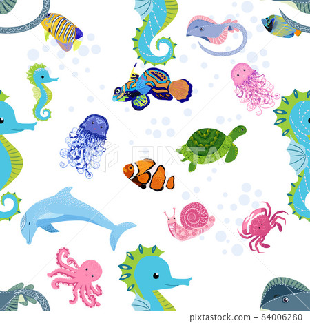Marine life, fish, animals bright seamless pattern. sea travel, underwater diving animal tropical fish. Jellyfish, whale, shark, seahorse, clown fish, dolphin, turtle emperor fish octopus stingray 84006280