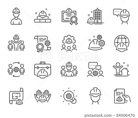 Engineering line icons. Teamwork, People and Technical documentation. Blueprint with gear, engineer and construction helmet set icons. Technician, industrial people, engineering process. Vector 84006470