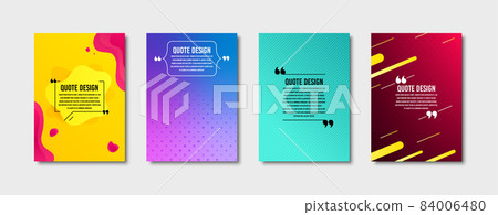 Quote frames templates set. Citation empty speech bubbles, text in brackets. Textbox quote bubbles. Minimal page covers with colorful design. Diagonal lines patterns. Liquid geometric badge. Vector 84006480
