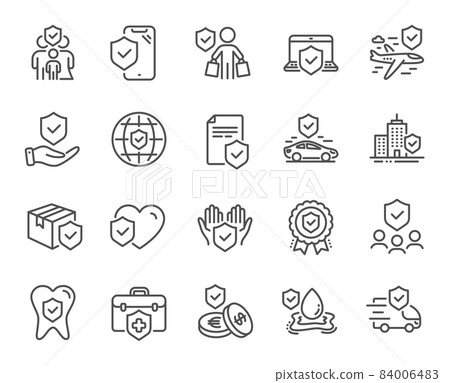 Insurance line icons. Health care, risk, help service. Car accident, flood insurance, flight protection icons. Safety document, money savings, delivery risk. Car full coverage. Vector Insurance line icons. Health care, risk, help service. Car accident, flood insurance, flight protection icons. Safety document, money savings, delivery risk. Car full coverage. Vector 84006483
