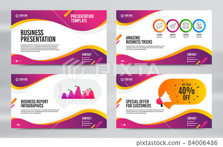 Layout design with cover page. Report presentation slide. Brochure templates. Infographics timeline page. Discounts special offer. Business presentation cover layout. Newsletter slide. Vector brochure 84006486
