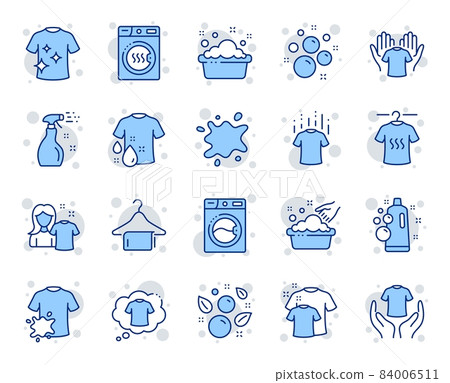 Laundry line icons. Dryer, Washing machine and dirt shirt. Laundromat, hand washing, soap bubbles in basin icons. Dry t-shirt, laundry service, dirty smudge spot. Clean clothes. Vector Laundry line icons. Dryer, Washing machine and dirt shirt. Laundromat, hand washing, soap bubbles in basin icons. Dry t-shirt, laundry service, dirty smudge spot. Clean clothes. Vector 84006511