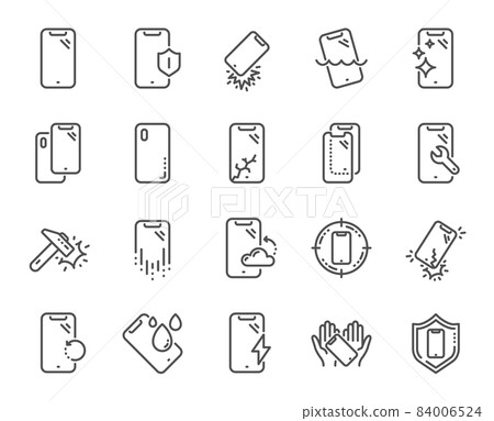 Smartphone protection line icons. Tempered glass, screen protector and water resistant. Phone cover, display glass protection and shockproof device icons. Strong smartphone. Vector 84006524