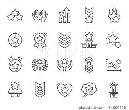 Ranking line icons. First place, star rating and winner medal. Shoulder strap, army achievement and victory ribbon icons. Star ranking, champion and winner trophy. Best level. Vector Ranking line icons. First place, star rating and winner medal. Shoulder strap, army achievement and victory ribbon icons. Star ranking, champion and winner trophy. Best level. Vector 84006528