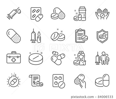 Medical drugs line icons. Healthcare, Prescription and Pill signs. Pharmacy drugs, medical nurse, recipe pill icons. Antibiotic capsule, syringe vaccination, medicine cure. Vector 84006533