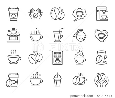 Coffee line icons. Beans, hot cocktail and coffee maker machine. Espresso cup, cappuccino with whipped cream line icons. Latte vending machine, breakfast drink and roasted beans. Vector 84006543