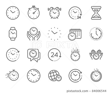 Time and clock line icons. Timer, Alarm and Smartwatch. Time management, 24 hour clock, deadline alarm icons. Sand hourglass, calendar and digital smartwatch, timer stopwatch. Vector 84006544