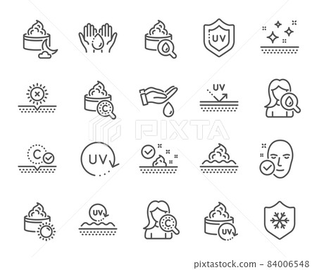 Skin care line icons. Collagen, Cream, Serum oil and Skincare. Face sun lotion gel, Uv protection, vitamin E icons. Night face skin care cream protection. Skincare cosmetic. Vector 84006548