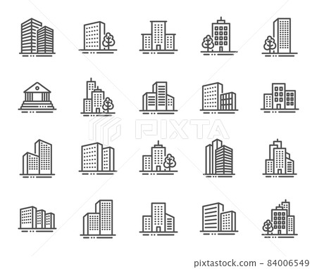 Buildings line icons. Bank, Hotel, Courthouse. City, Real estate, Architecture buildings icons. Hospital, town house, museum. Urban architecture, city skyscraper, downtown. Vector 84006549