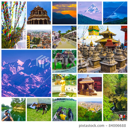 Collage of popular Nepalese travel destinations - Kathmandu valley and Himalaya mountains Collage of popular Nepalese travel destinations - Kathmandu valley and Himalaya mountains 84006688