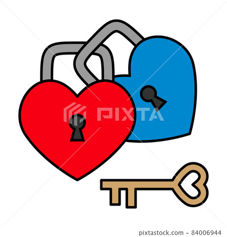 Red and blue heart-shaped padlock and key 84006944