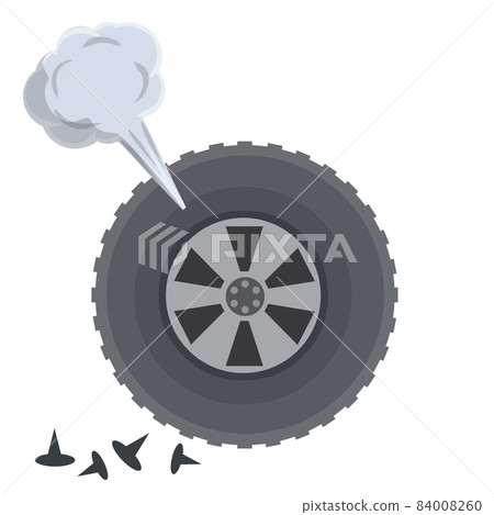 Deflated automobile tire. Punctured wheel of car. Cartoon flat illustration. Deflated automobile tire. Punctured wheel of car. Cartoon flat illustration. 84008260