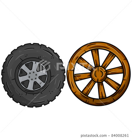 Old wooden cartwheel with crack and new auto wheel with tire 84008261