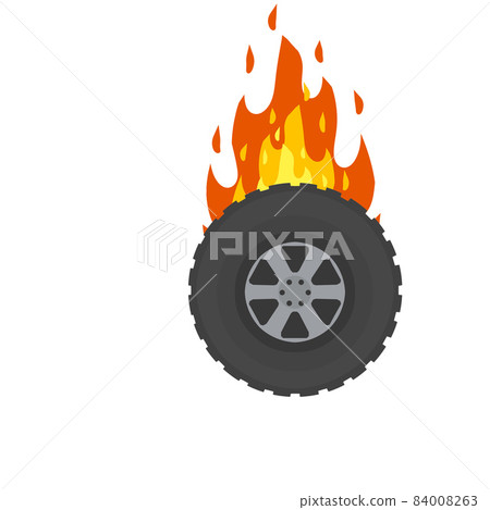 Burning wheel of car. Flames on tire. Symbol of speed and racing. Burning wheel of car. Flames on tire. Symbol of speed and racing. 84008263