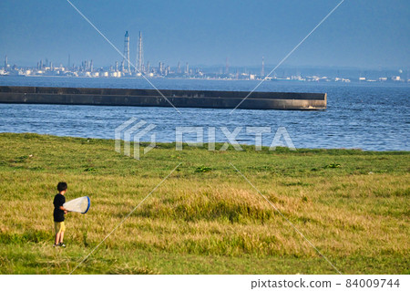 一個男孩在沙灘上用網捕捉昆蟲 84009744