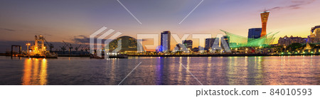 Panoramic view of Kobe port waterfront at sunset in Kobe, Japan 84010593