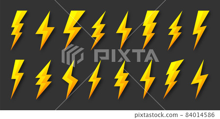 Yellow lightning bolt icons collection. Flash symbol, thunderbolt. Simple lightning strike sign Yellow lightning bolt icons collection. Flash symbol, thunderbolt. Simple lightning strike sign 84014586