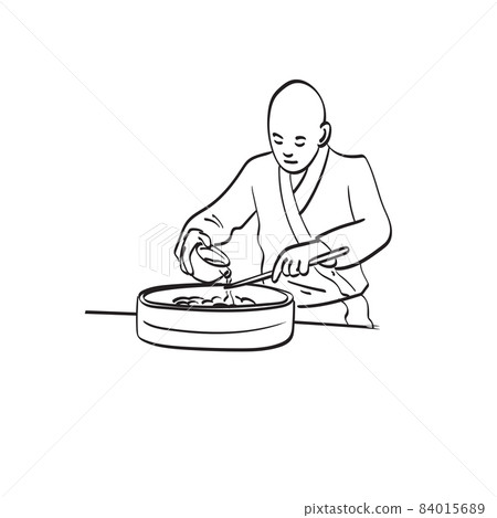male chef preparing rice for making sushi illustration vector isolated on white background line art. male chef preparing rice for making sushi illustration vector isolated on white background line art. 84015689