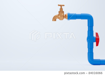 Brass faucet and blue PVC water pipe on white background. Closeup and copy space for text or article on the left. The concept of plumber maintenance work. 84016066