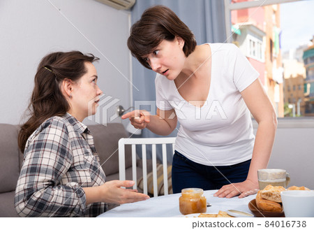 Portrait of upset young women discussing, quarrel during drinking tea at home kitchen Portrait of upset young women discussing, quarrel during drinking tea at home kitchen 84016738