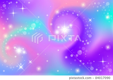 Fantasy background. Holographic illustration in pastel colors. Cute cartoon girly background. Bright multicolored sky with stars and bokeh. Vector. 84017090