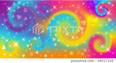 Fantasy background. Holographic illustration in pastel colors. Cute cartoon girly background. Bright multicolored sky with stars and hearts. Vector. 84017109