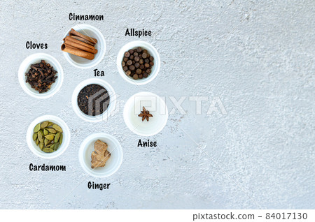 Ingredients for Indian masala tea on a gray background. With inscriptions Ingredients for Indian masala tea on a gray background. With inscriptions 84017130