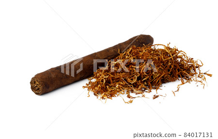 Cigar and bunch of dry tobacco leaves isolated on white Cigar and bunch of dry tobacco leaves isolated on white 84017131
