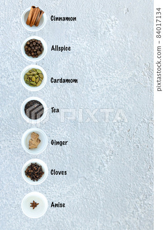Ingredients for Indian masala tea on a gray background. With inscriptions Ingredients for Indian masala tea on a gray background. With inscriptions 84017134