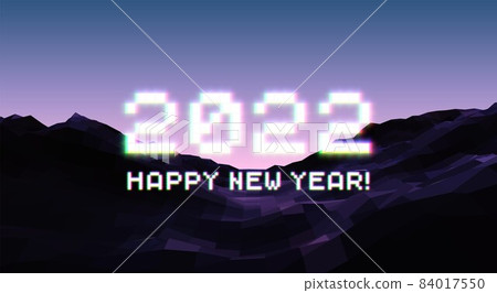 2022 New Year sign with glitched glowing pixels and calm violet landscape. Winter holiday and year change symbol. 2022 New Year sign with glitched glowing pixels and calm violet landscape. Winter holiday and year change symbol. 84017550