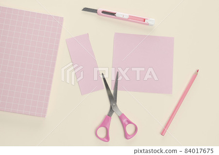 flat lay concept cut paper and pink stationery. flat lay concept cut paper and pink stationery. 84017675