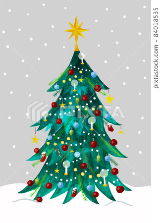 Illustration of snow and watercolor Christmas tree - Stock